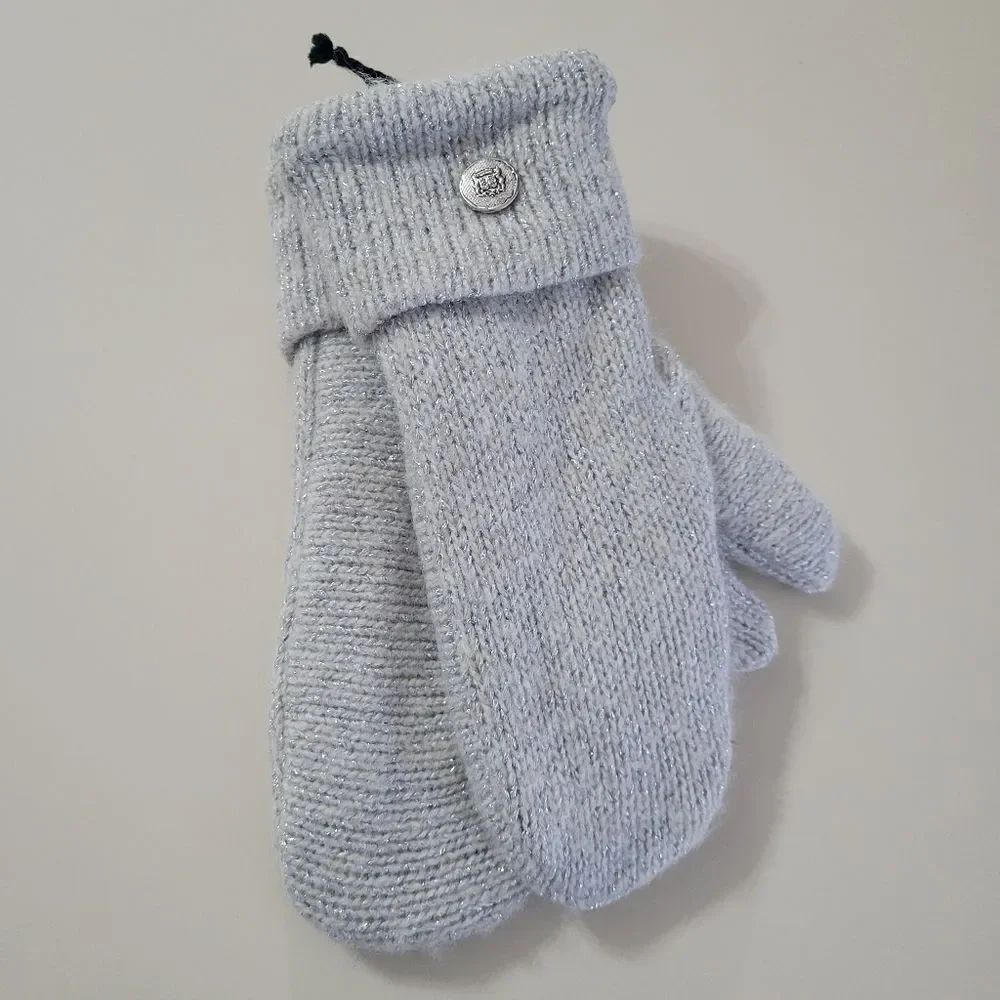 Handcrafted Silver Gray Sparkly Knit Fleece Lined Mittens
